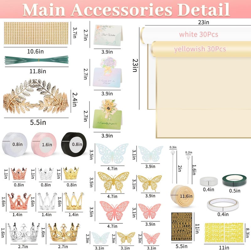 Besuper 260Pcs Flower Bouquet Wrapping Paper Kit , 60 Sheets Wrapping Paper, 36 Butterflies, 8 Crowns, 1 Headband, 4 Ribbons, 15 Cards, 100 Diamond Pins, Floral Wire, 3 Stickers, 3 Tapes (White & Yellowish) - Image 2